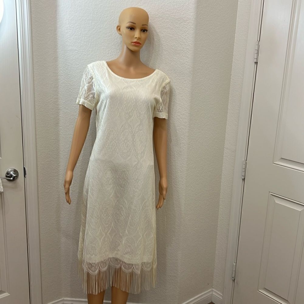 Harlow Dress Sz 12 Off White Lace Scoop Neck Short Sleeve Flapper Fringe Midi